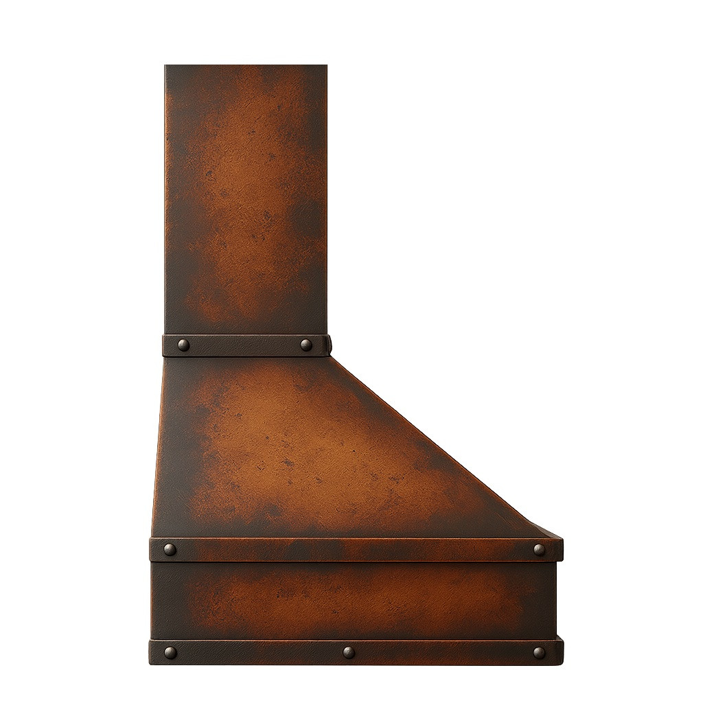 Rustic copper kitchen range hood with industrial look and rivets side view showing hood profile