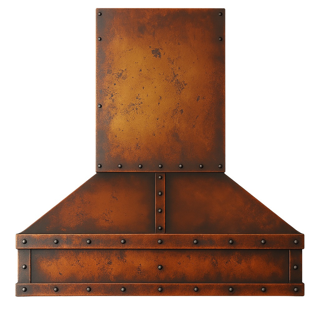 Rustic copper kitchen range hood with industrial look and rivets front view