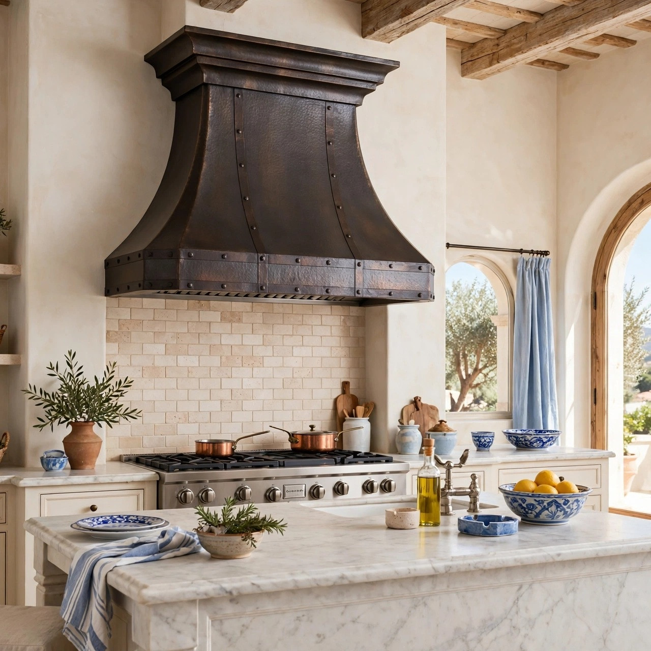 Mediterranean kitchen with octagonal trumpet bell copper range hood and stepped crown