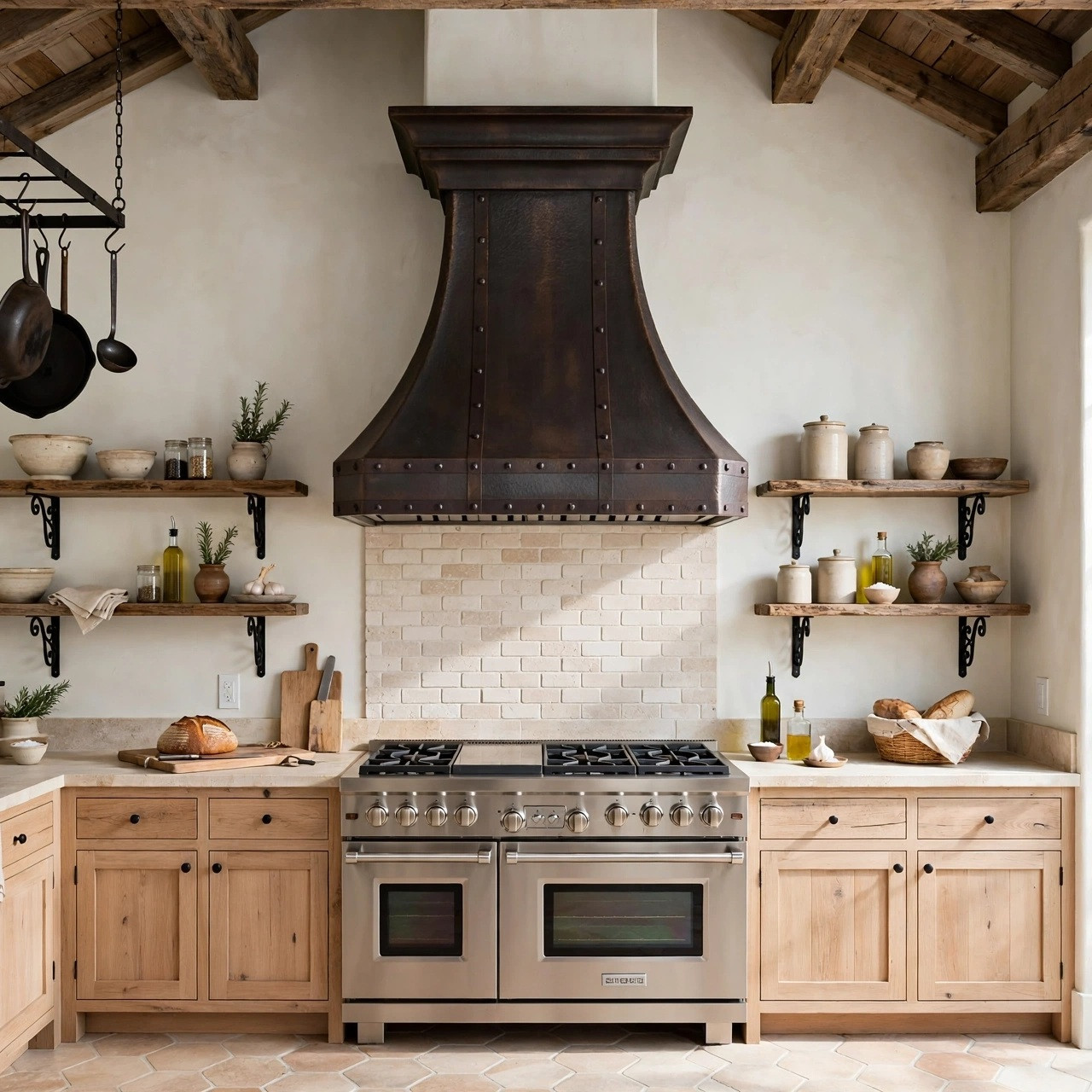 Old-world forged kitchen with octagonal trumpet bell copper range hood and hammered panels