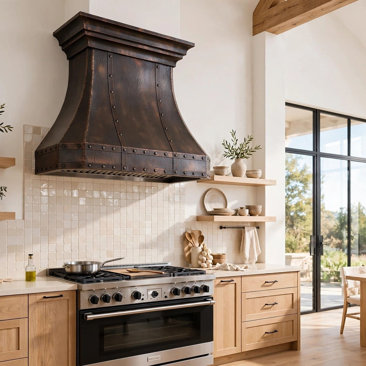Elevated rustic kitchen with octagonal trumpet bell copper range hood and hammered finish