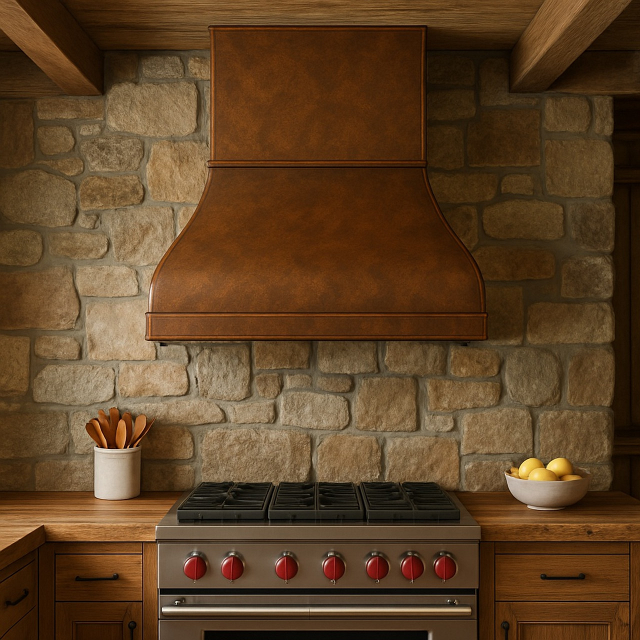 Rustic kitchen with exposed beams and a soft hammered copper range hood