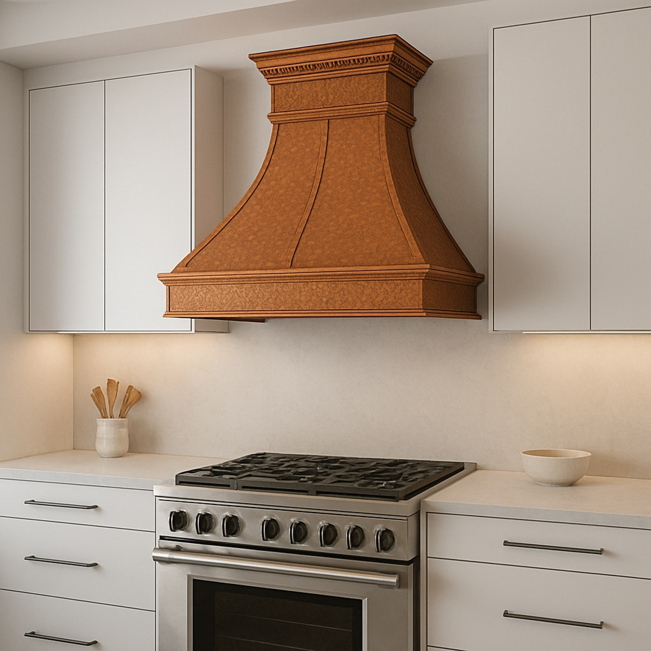 Modern kitchen featuring a distressed hammered copper range hood above minimalist surfaces