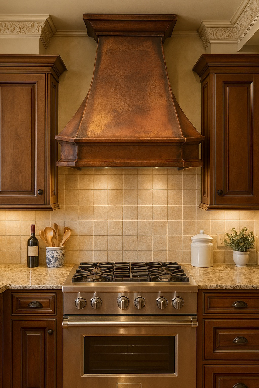 Texture hammered copper range hood in a traditional kitchen