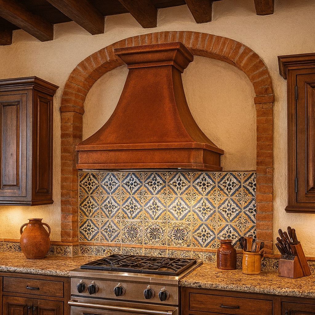 Textured hammered copper range hood in hacienda-style setting