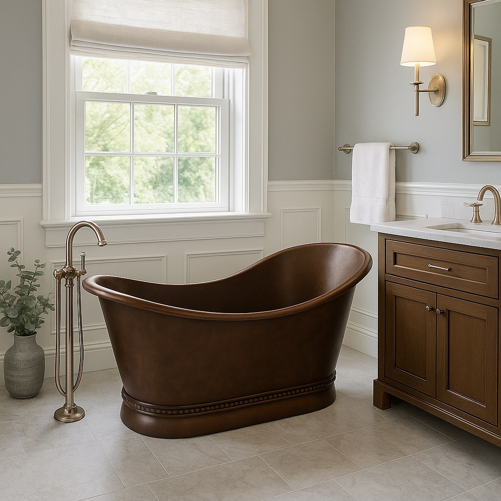 Hammered copper bathtub with polished surface