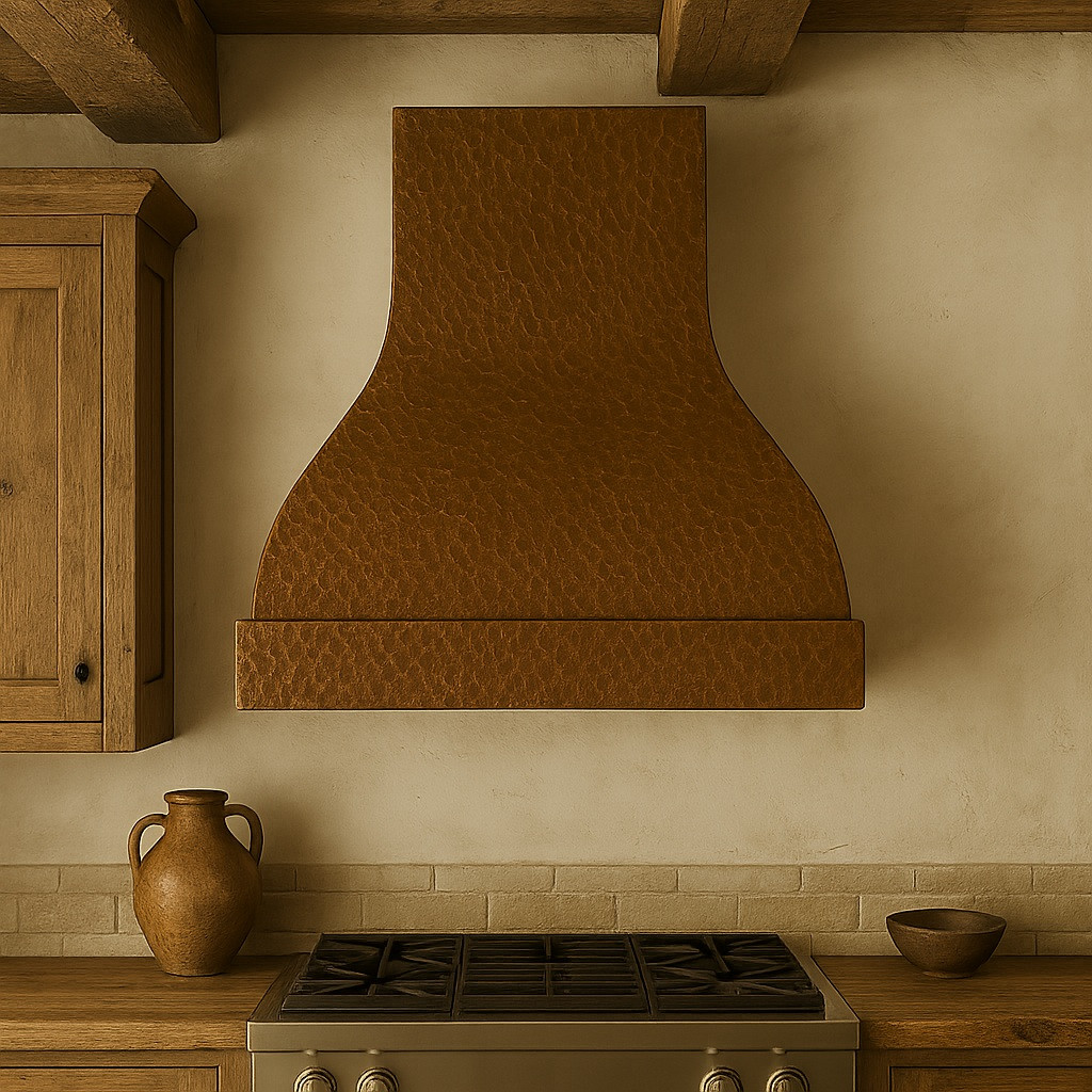 Gently hammered copper range hood in a rustic kitchen with warm patina and softly flared bell shape
