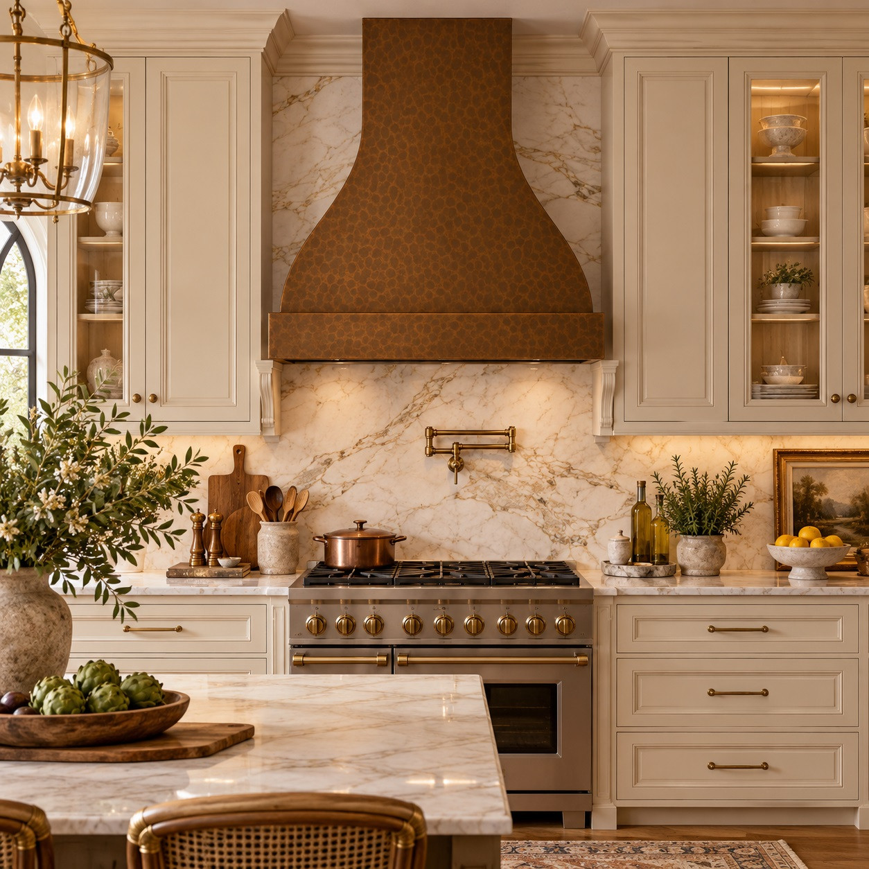 Gently hammered copper range hood installed in a European kitchen with classic cabinetry