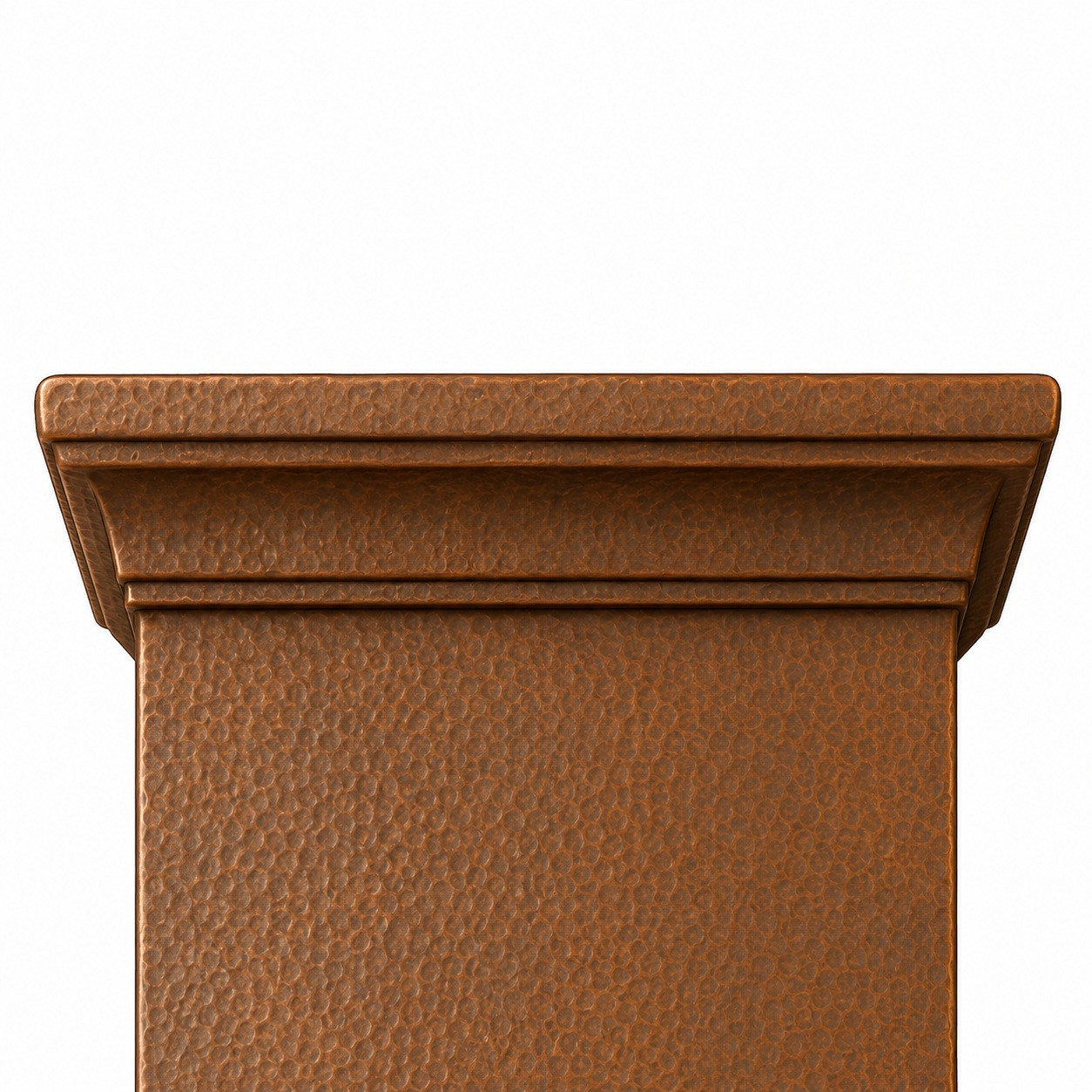 Close-up of hammered copper crown molding with layered trim on a white background