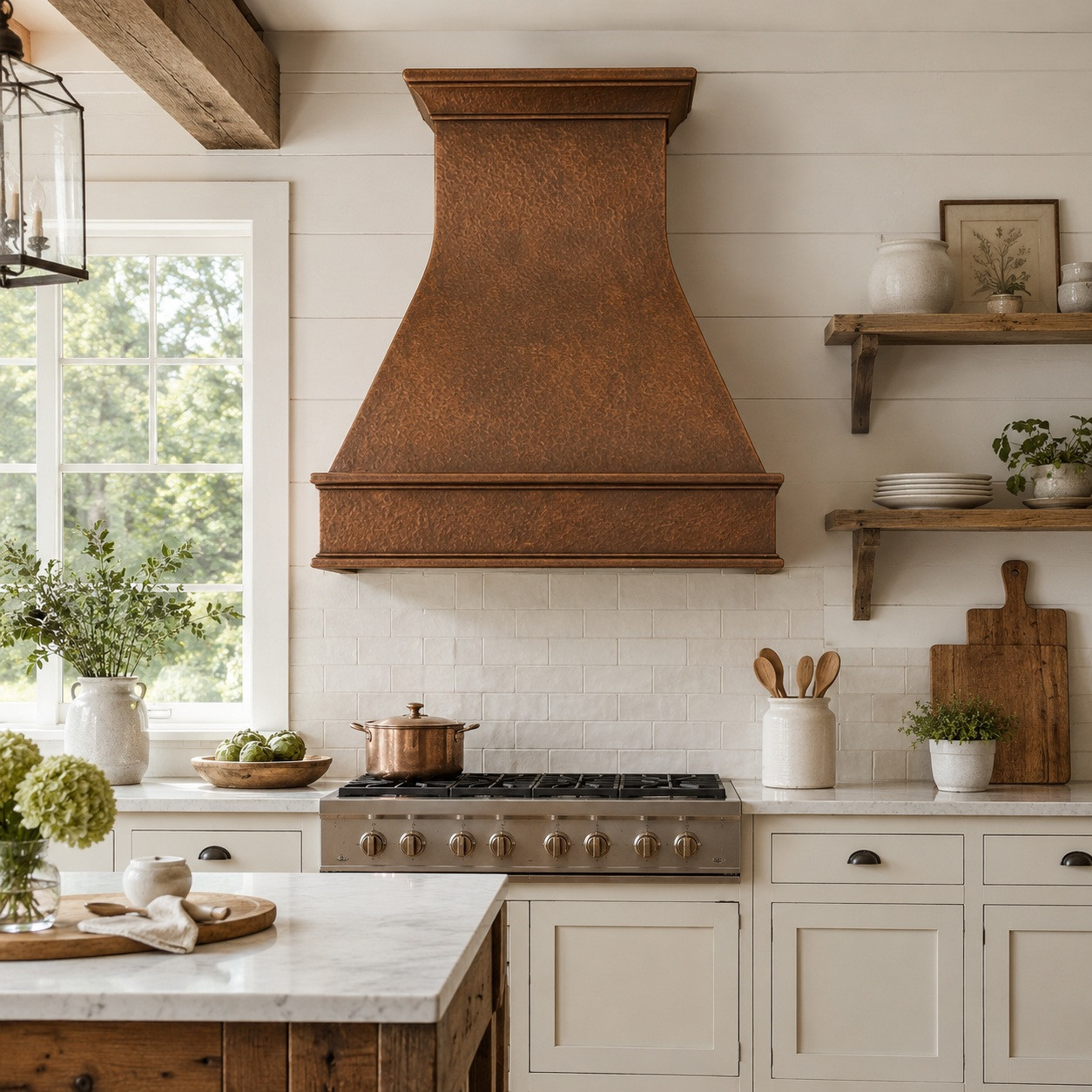 Farmhouse kitchen with 48-inch hammered copper range hood and warm patina
