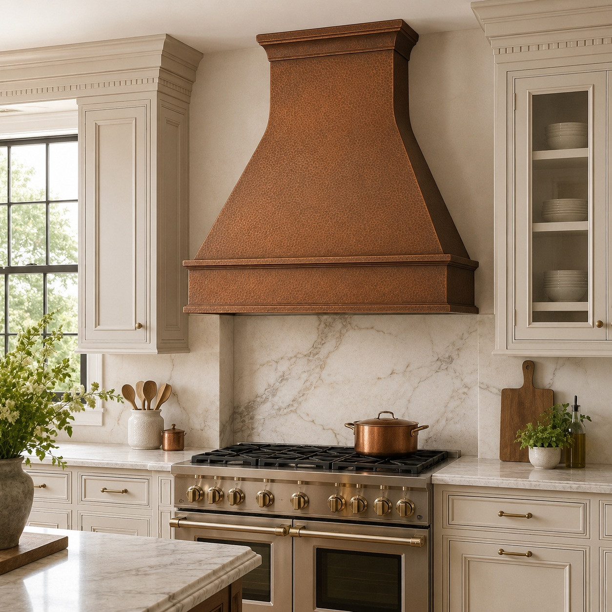 Traditional kitchen with 48-inch copper range hood, hammered finish, and structured apron