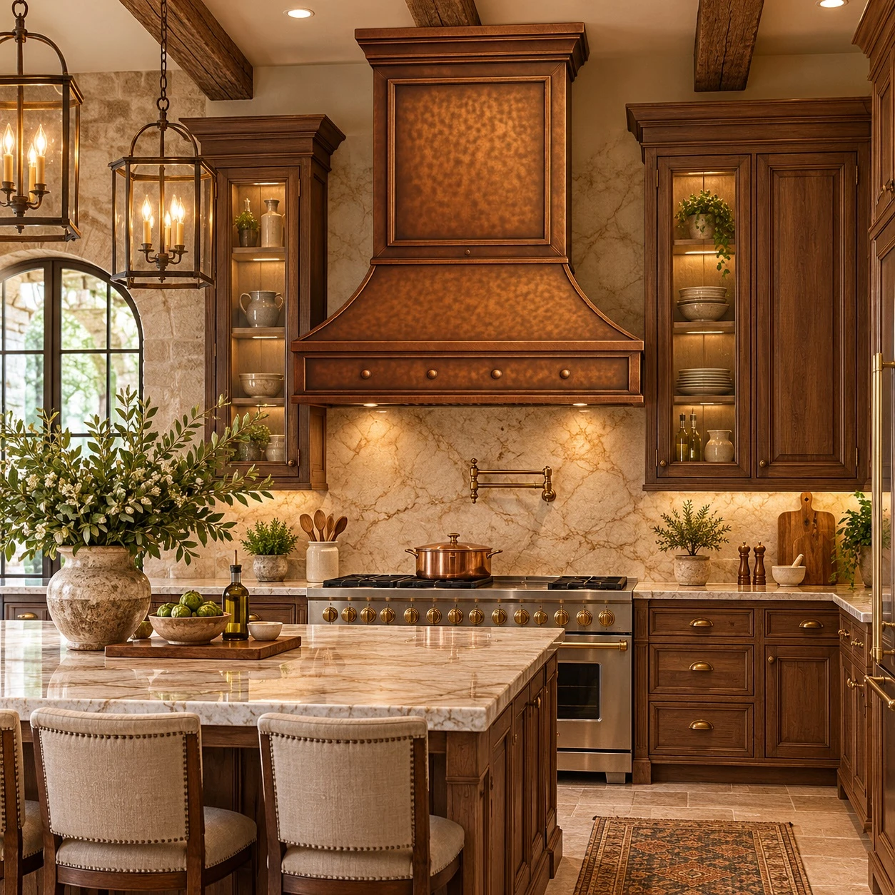 Lightly hammered copper range hood featured in a country estate kitchen with natural wood