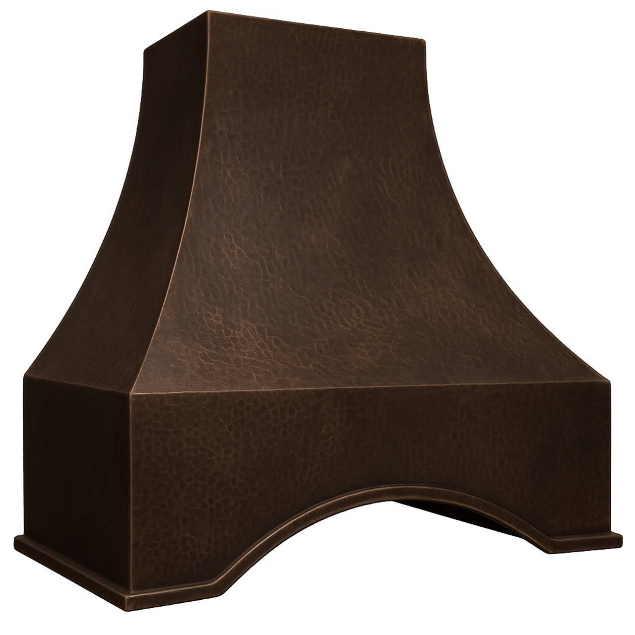 Side angle of random hammered copper kitchen hood 