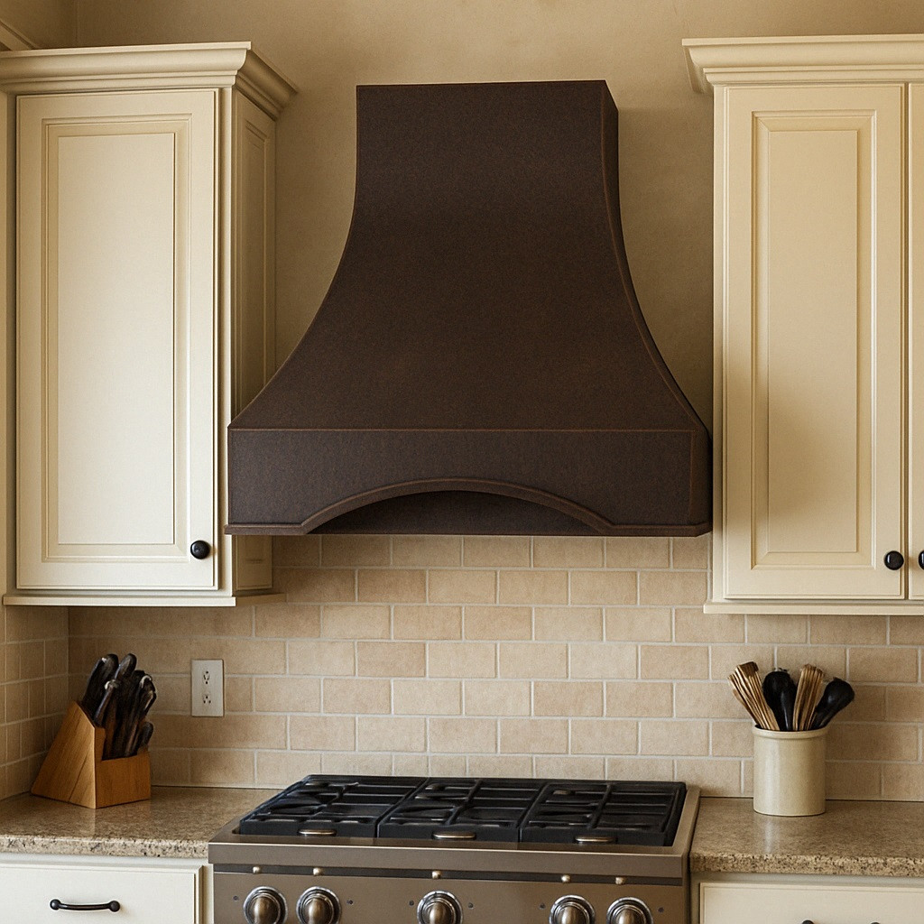 Strapless hammered copper hood in a transitional kitchen with pale cabinetry and stone backsplash