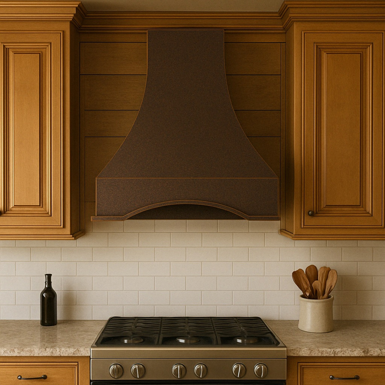 Rustic kitchen setup with random hammered copper hood