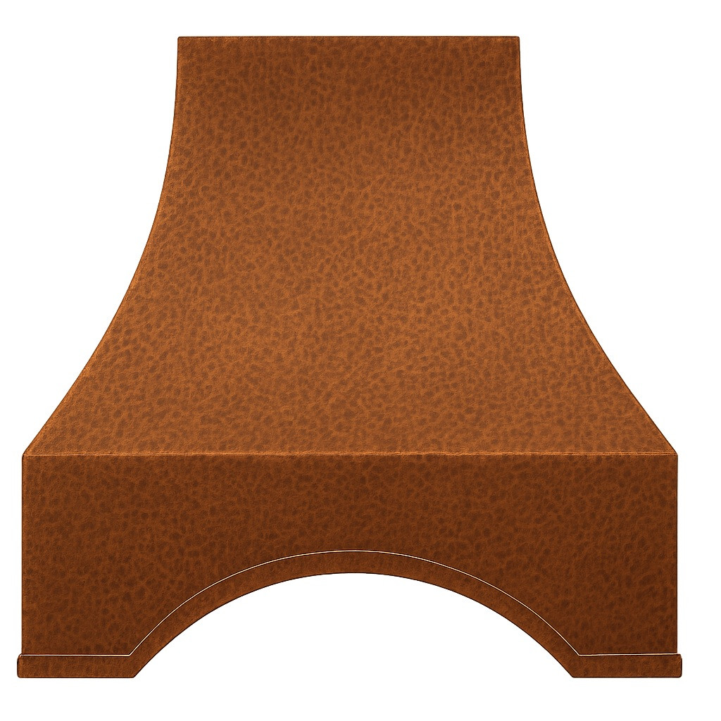 Front view of the strapless copper range hood in a natural patina with shallow segmental opening