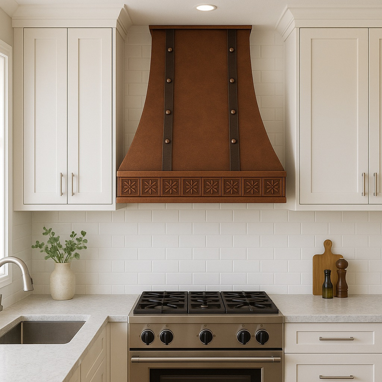 Lifestyle image of a hand-hammered copper range in a transitional style kitchen