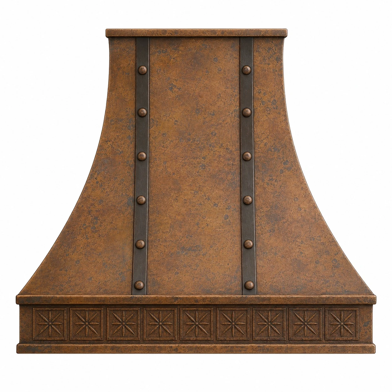 Flared copper range hood with iron straps, rivets, and raised starflower apron