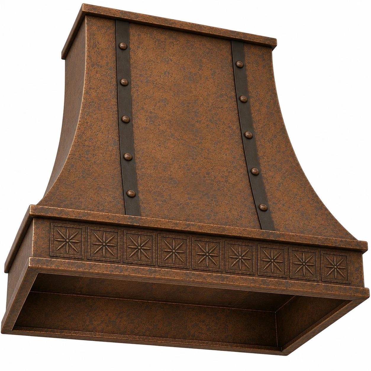 Underside view of flared copper range hood showing insert opening preparation