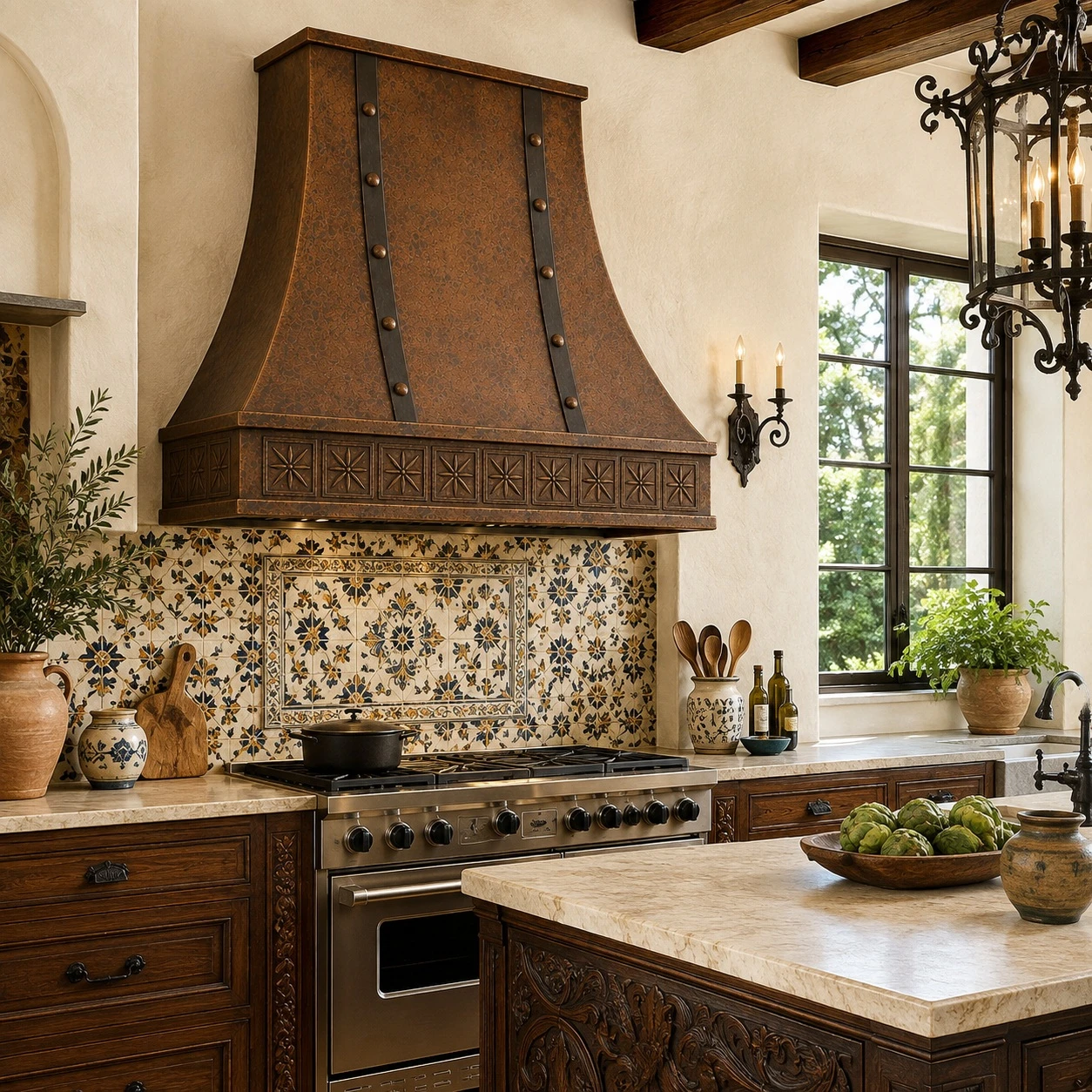 Spanish Revival kitchen with flared copper range hood, iron straps, and starflower apron