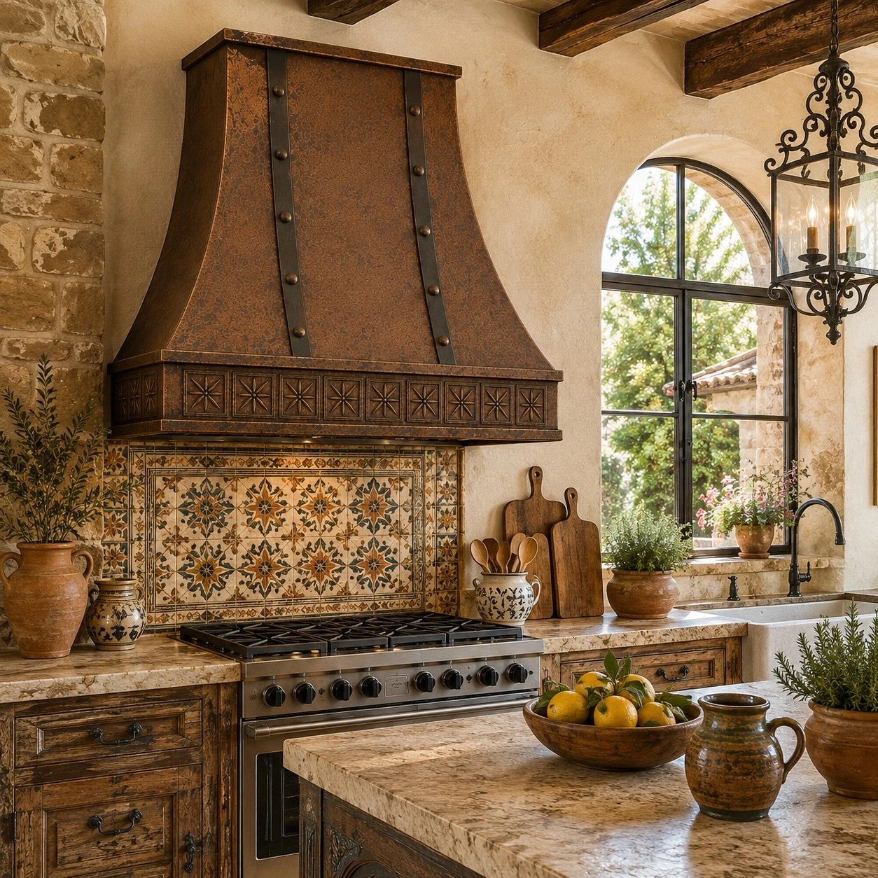 Rustic Mediterranean kitchen with flared copper range hood, iron straps, stone, and plaster