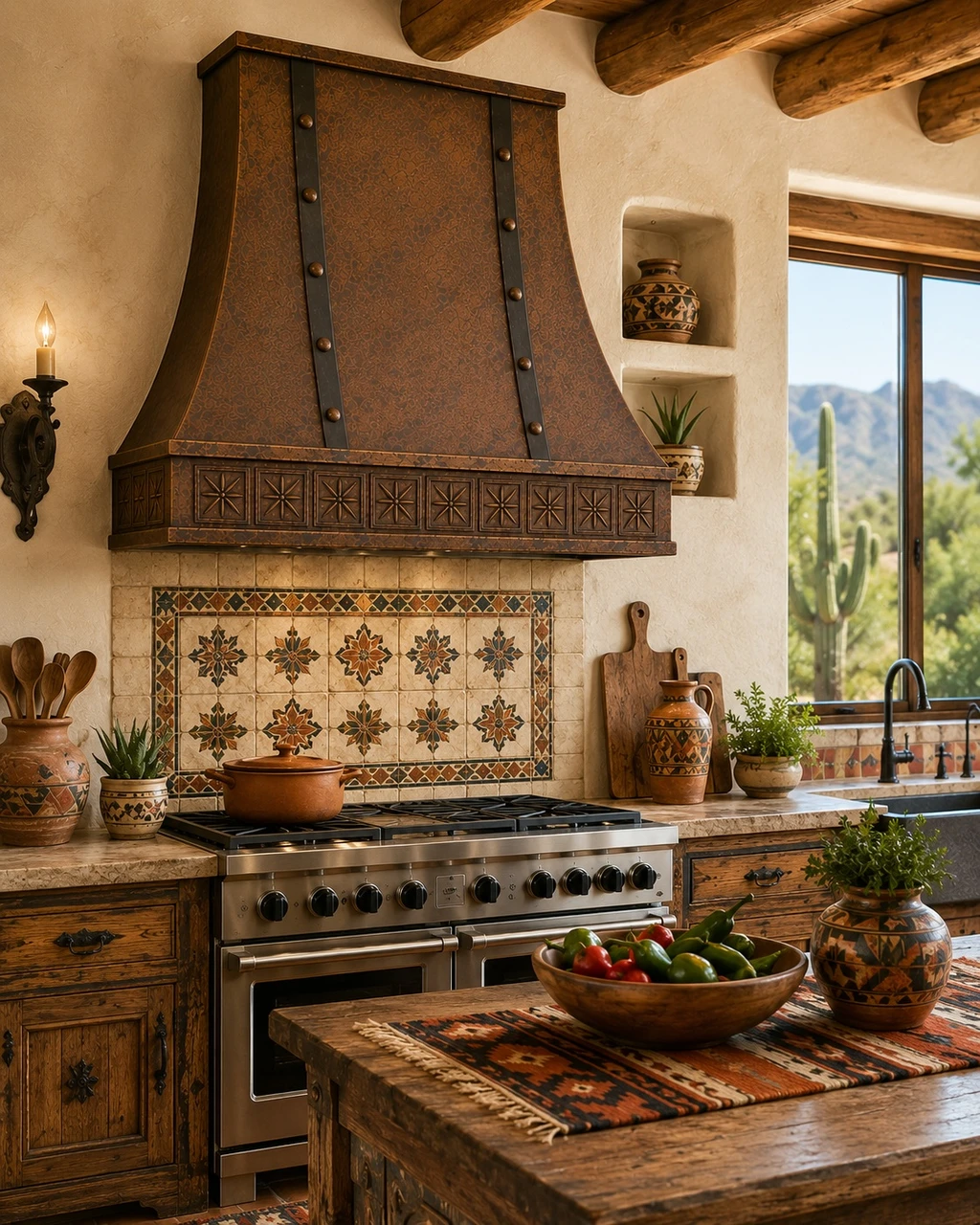 Flared copper range hood with iron straps in a Southwestern kitchen with plaster, natural wood, and patterned tile