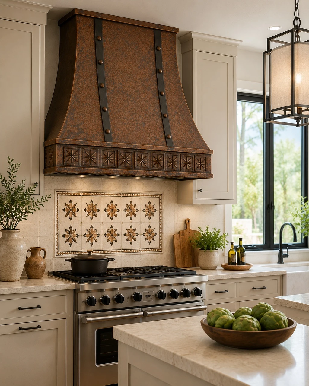 Transitional kitchen with flared copper range hood, iron straps, and raised starflower apron