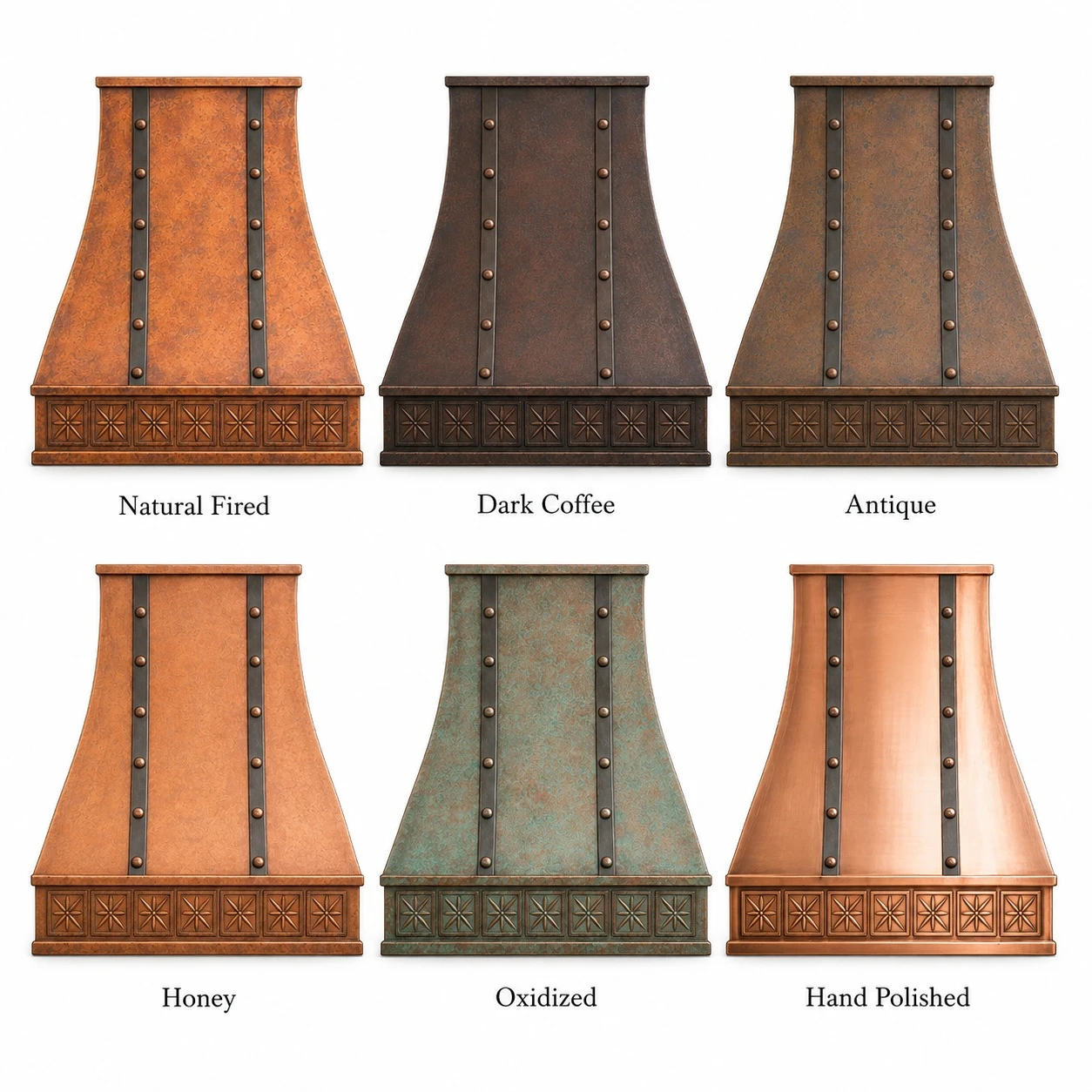 Flared copper range hood shown in six copper patina finish options