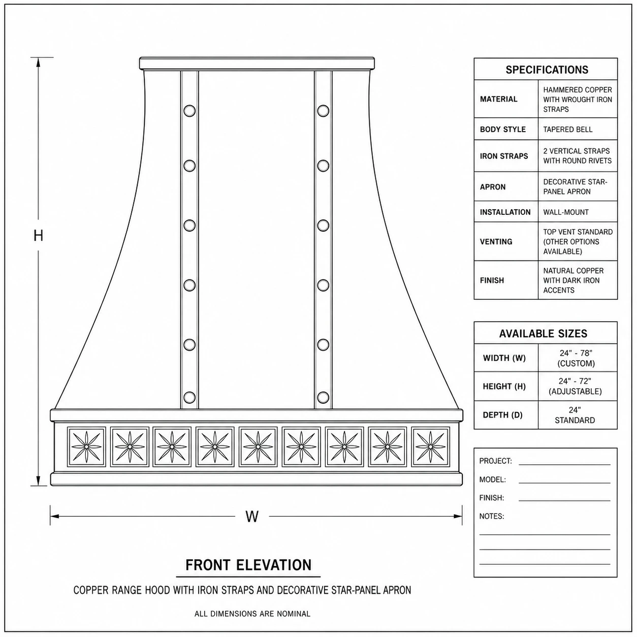 Technical drawing of flared copper range hood with iron straps and starflower apron proportions