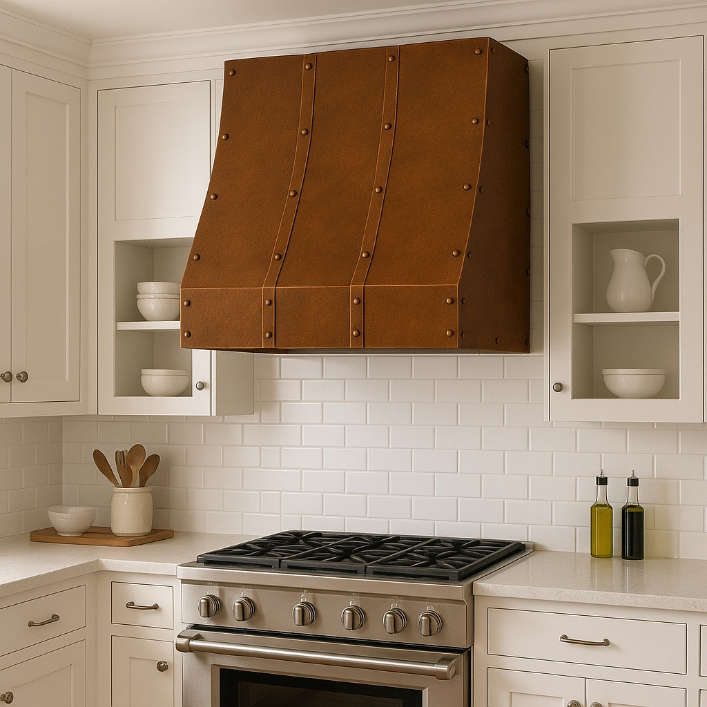 60-inch hammered copper range hood with angular box design