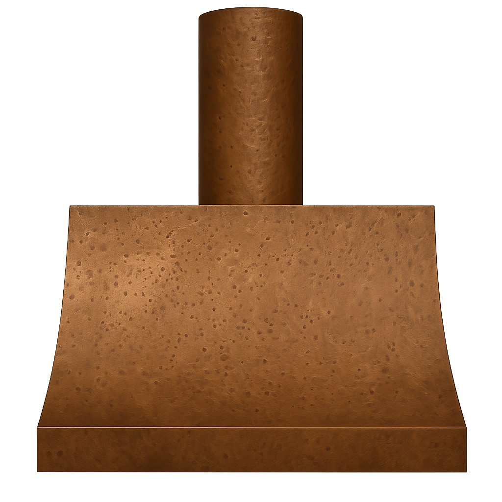Old-World copper range hood with cylindrical chimney on white background