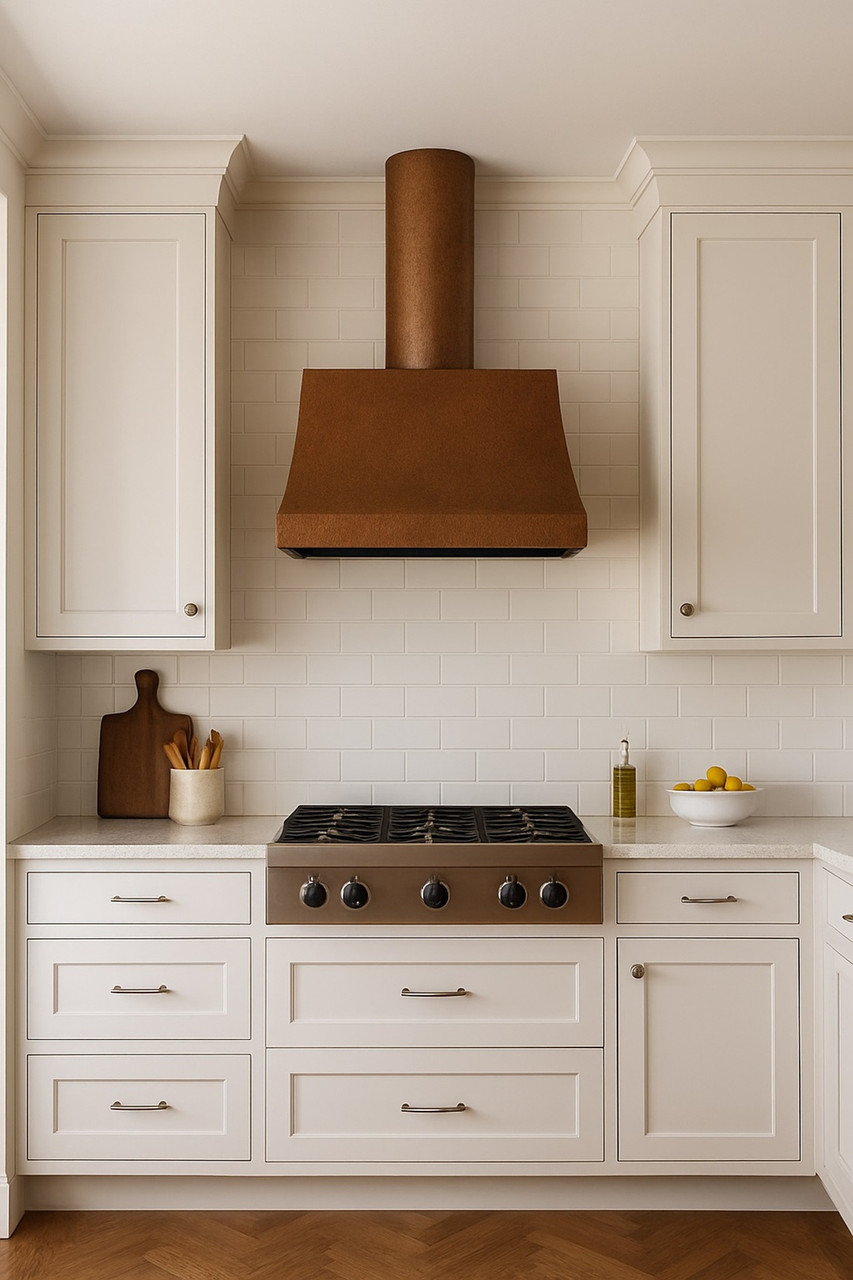 Old-World copper range hood with cylindrical chimney in a transitional kitchen with Shaker cabinets, quartz counters, and neutral tile