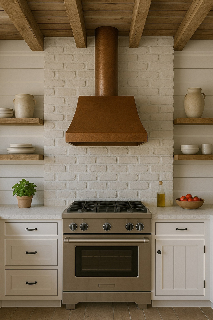 Old-World copper range hood with cylindrical chimney in a Spanish Colonial kitchen with Saltillo tile, iron lighting, and plaster walls