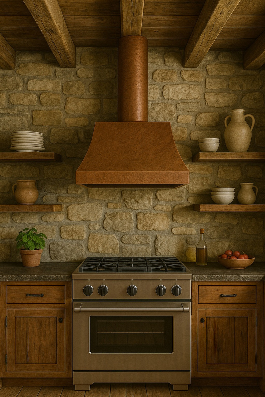 Old-World copper range hood with cylindrical chimney in a Tuscan kitchen with rustic beams, handmade tile, and dark wood cabinets