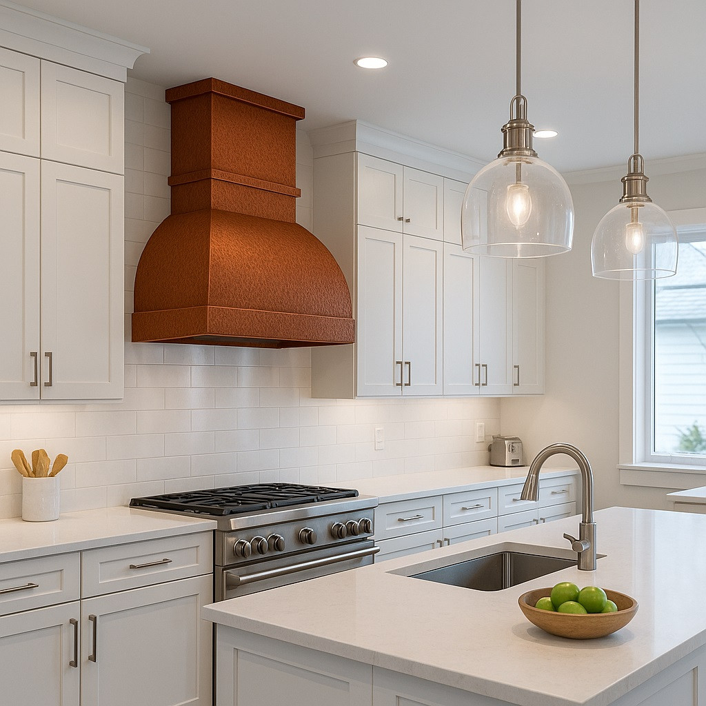 Modern kitchen with streamlined copper range hood