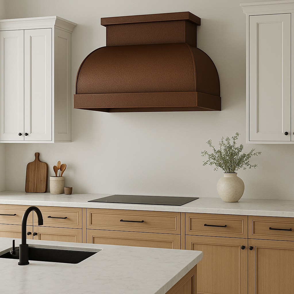 Modern copper range hood in European inspired kitchen with refined cabinetry and elegant cooking area