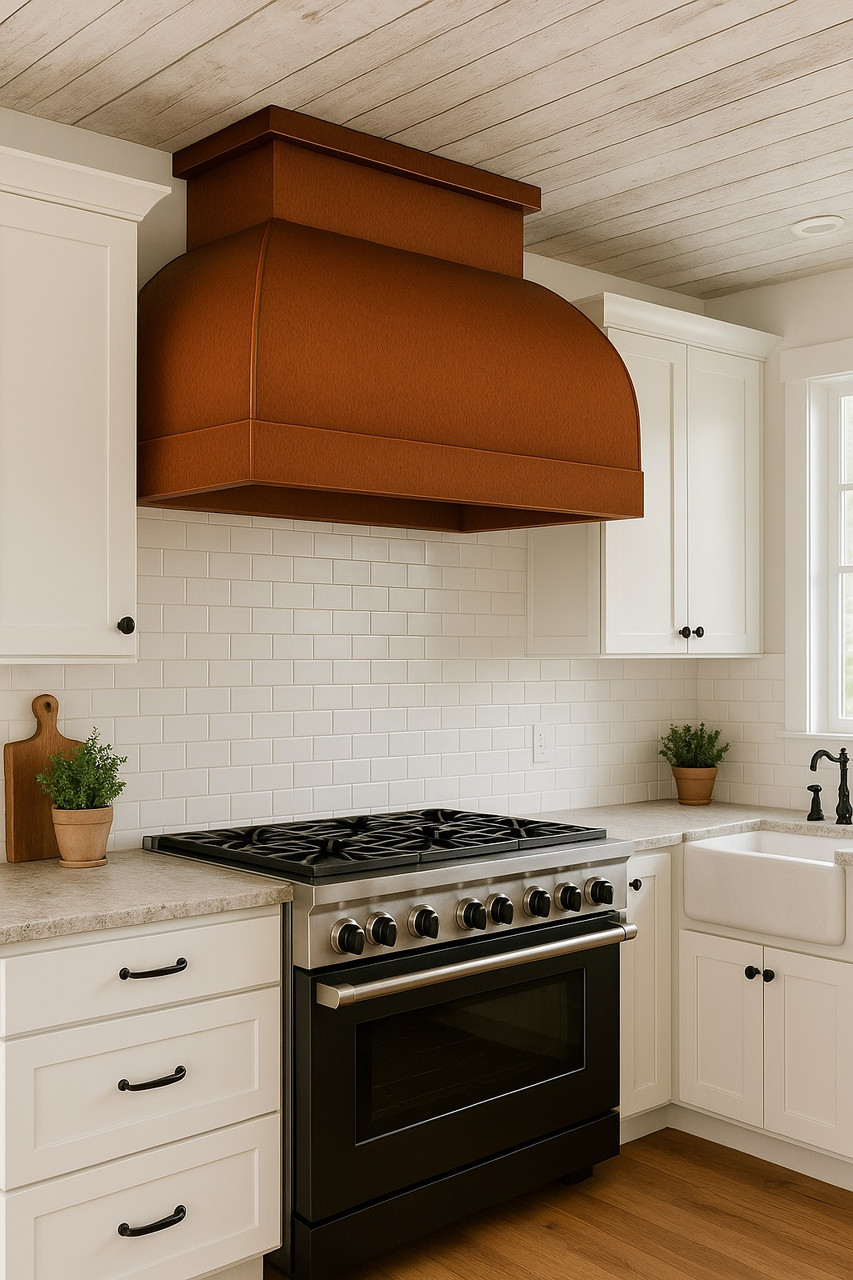 Modern copper range hood in farmhouse kitchen with warm finishes and inviting cooking space