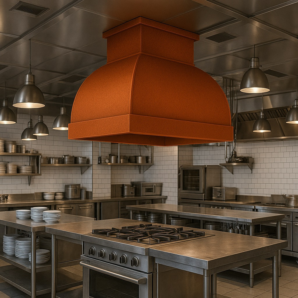 Modern copper range hood above restaurant kitchen island with professional cooking layout and warm finish