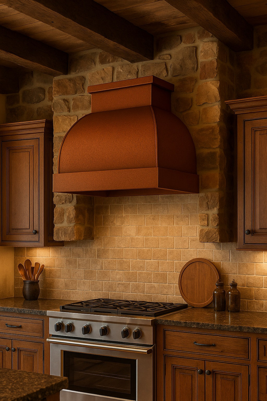 Modern design copper range hood in rustic kitchen with natural textures and warm handcrafted metal finish