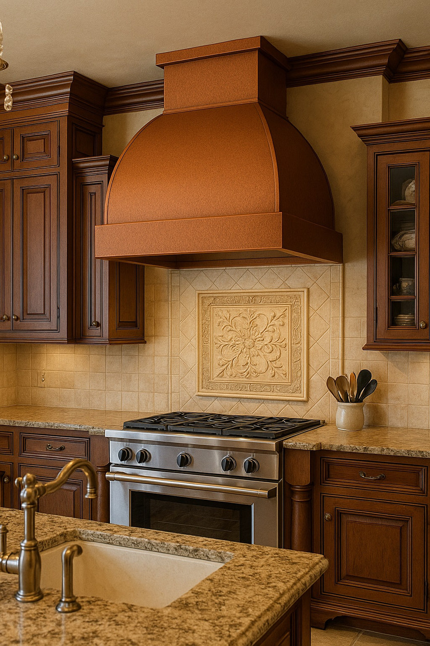 Modern copper range hood in traditional kitchen with classic cabinetry and warm metal cooking focal point