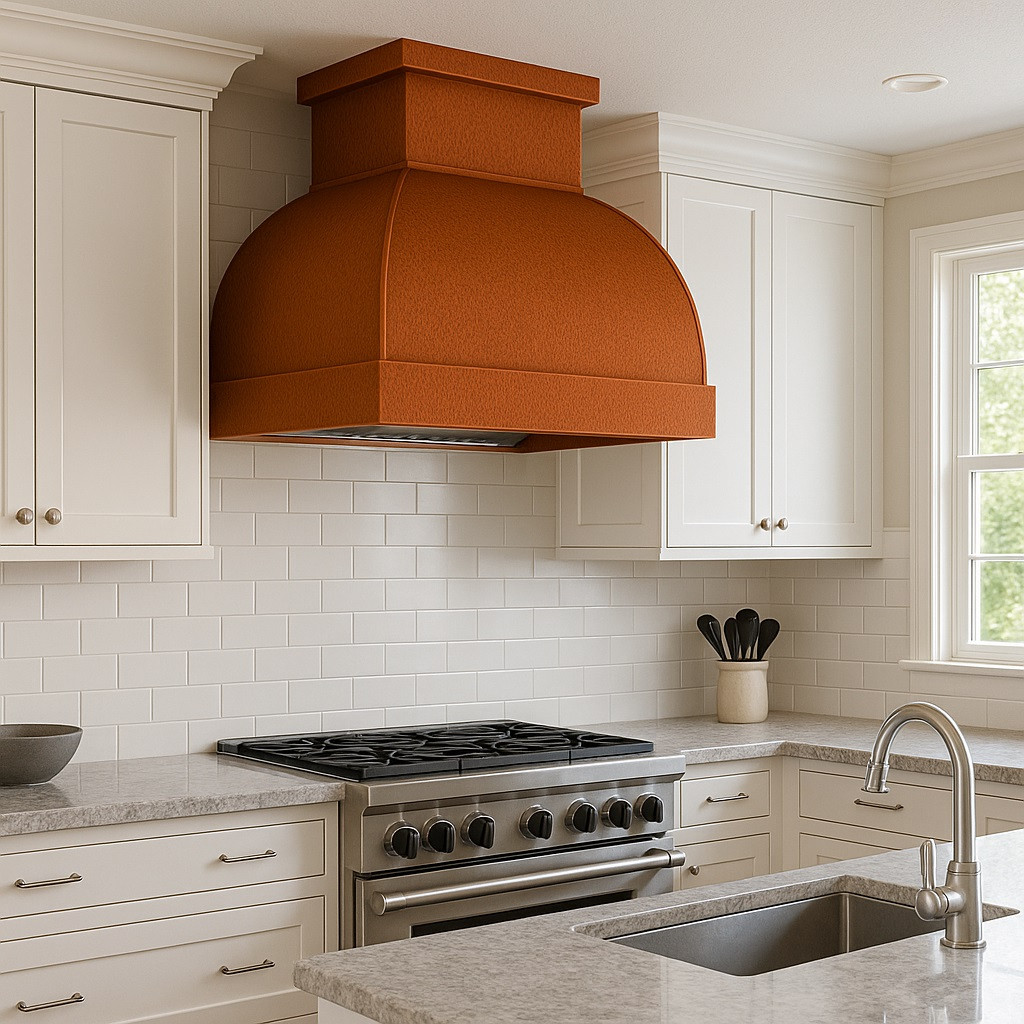 Modern design copper range hood in transitional kitchen with balanced cabinetry and warm metal focal point