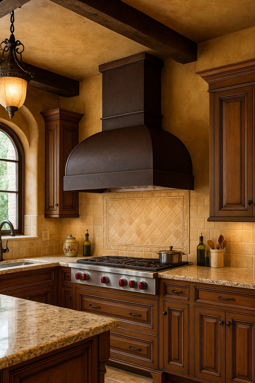 Modern copper range hood in Tuscan kitchen with warm walls, rustic materials, and Mediterranean character