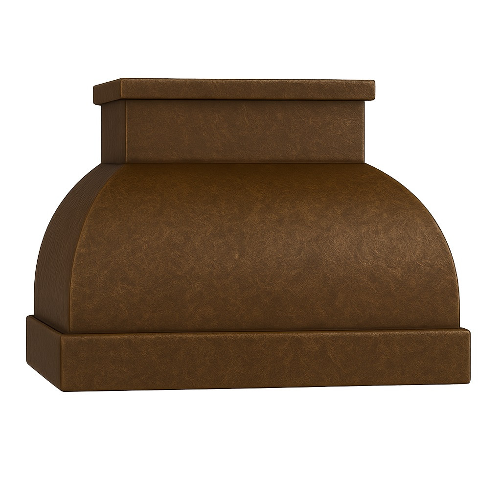 Modern design copper range hood front view, clean bell silhouette with smooth hammered surface and minimal rectangular chimney