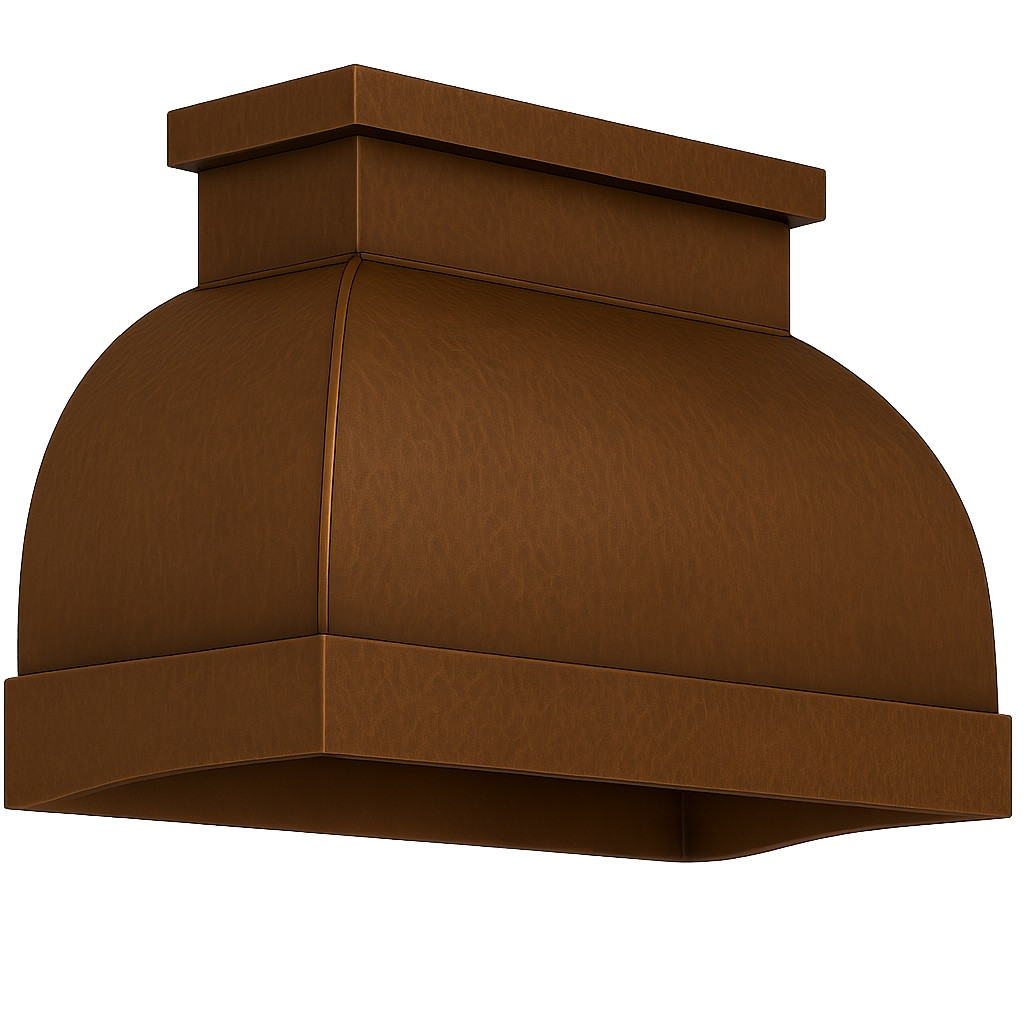 Modern design copper range hood in kitchen island version, clean bell silhouette with smooth hammered copper surface