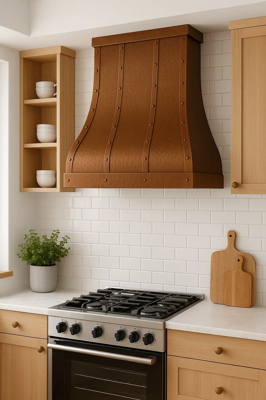 30-inch sweep copper range hood in a Scandinavian kitchen with white oak cabinetry, pale stone, muted colors, and natural light