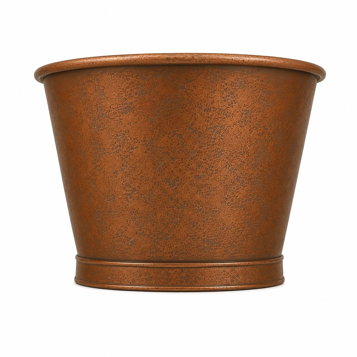 Hand hammered double slipper copper bathtub for two, end view showing rounded profile, rolled rim and antique patina
