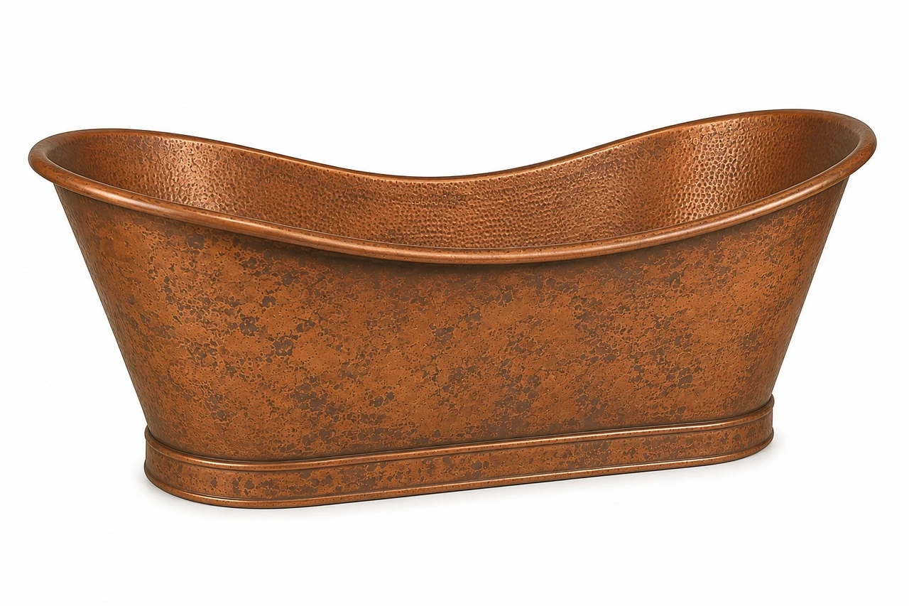 Double slipper copper bathtub for two with raised ends and warm handcrafted patina