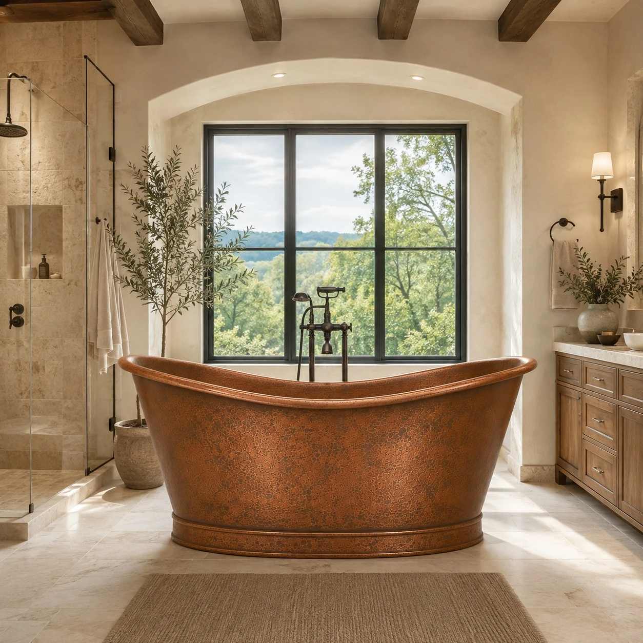 Spa bathroom with double slipper copper bathtub for two, stone tile, soft lighting, and calm décor