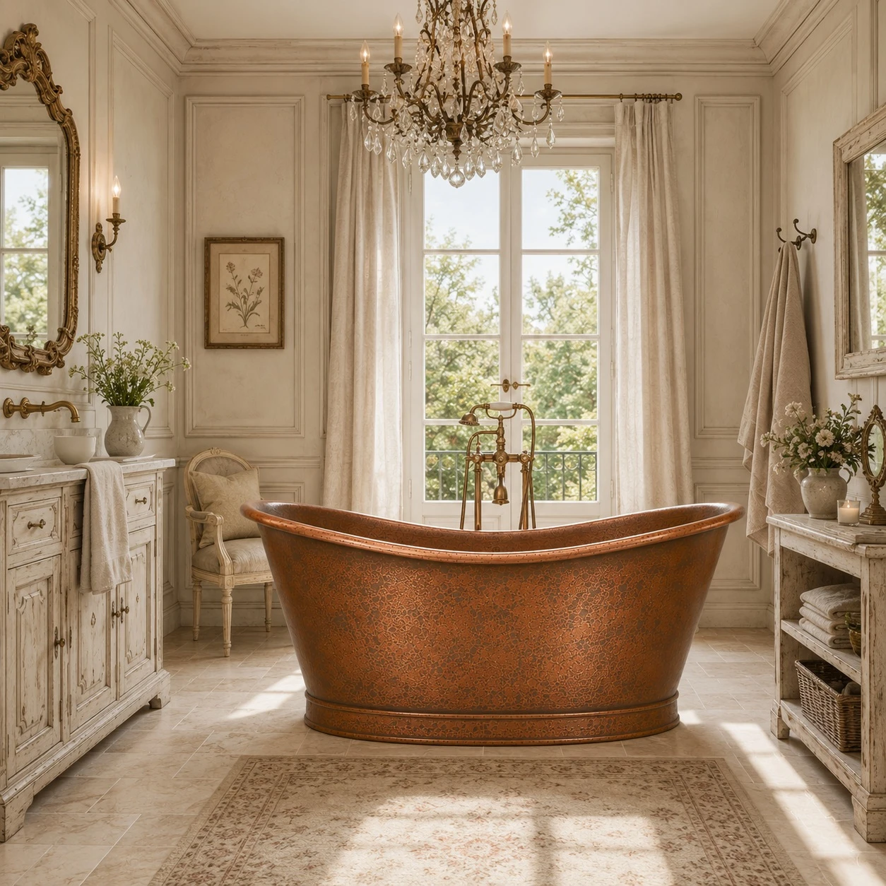 French country bathroom with double slipper copper bathtub, plaster walls, stone floor, and wood accents