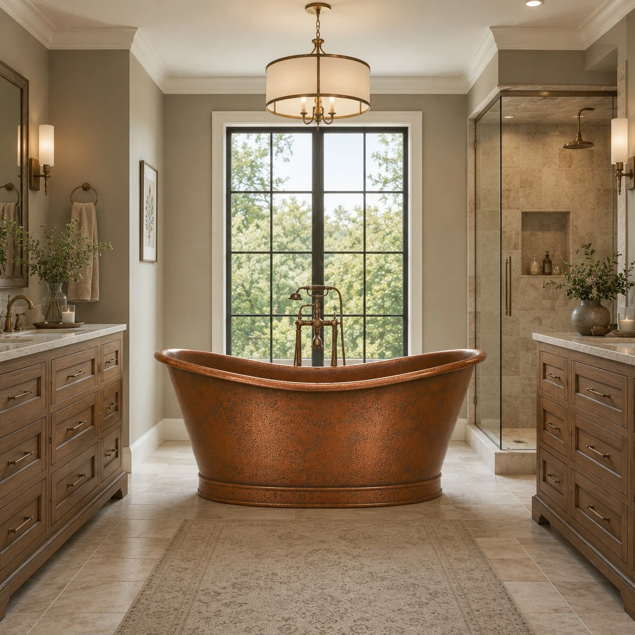Hand hammered double slipper copper bathtub for two in transitional bathroom with wood vanities,  warm stone tile and separate shower